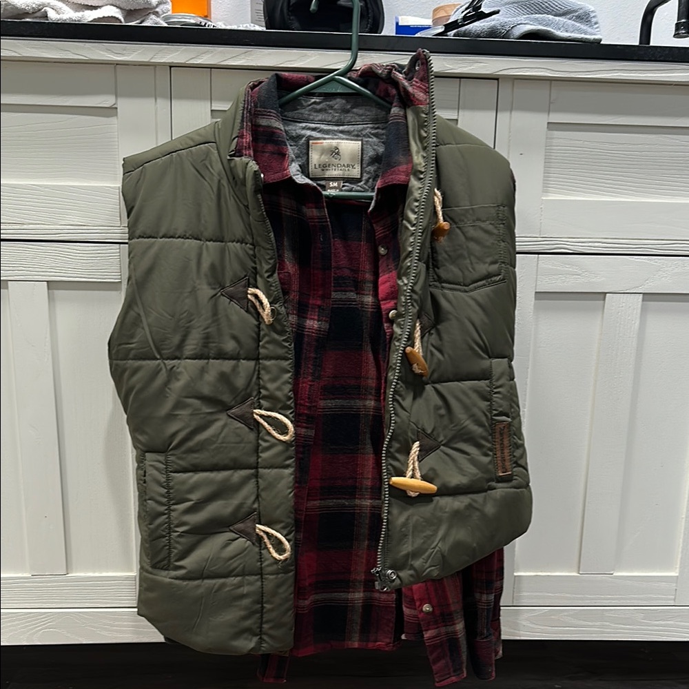 Legendary Whitetails Olive Green Vest with Red Plaid Shirt